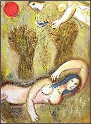 Marc Chagall: Booz se rveille et voit Ruth  ses pieds, Lithographie originale, Dessins pour La Bible, 1960