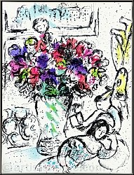 Marc Chagall: Les Anmones Lithographie originale 1974, Bouquet de fleurs gant dans un vase, frontispice