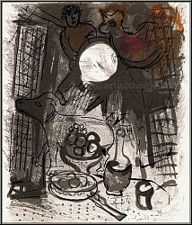 Marc Chagall:  Nature morte brun  1957, Lithographie originale avec des fruits, une carafe et des animaux