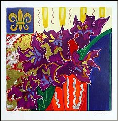 Liz Jardine: 'Firecracker' Fleurs violets, srigraphie originale signe, composition florale - uvre graphique