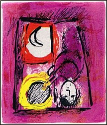 Marc Chagall: Lithographie originale La Fentre 1957, femme  la fentre, le soleil et la lune ont rendez-vo