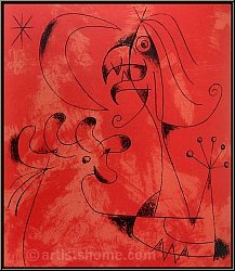 Joan Miro: Le magicien 1956, Lithographie originale, Lune et toile sur fond rouge - estampes originales rares