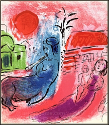 Marc Chagall: Lithographie originale  Maternit au Centaure  1957, Mre et enfant avec fltiste | uvre grav