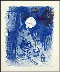 Marc Chagall:  Nature morte bleue  1957, Lithographie originale, nature morte aux fruits - arts graphiques