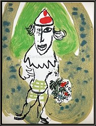 Marc Chagall: Le clown vert avec bouquet de fleurs, 1966, Lithographie originale sur Chiffon de Mandeure