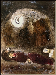 Marc Chagall: Ruth aux pieds de Booz, 1960, Lithographie originale pour Dessins pour la Bible - uvre grav